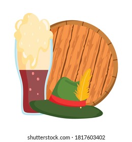 oktoberfest festival, hat and cold beer in wooden barrel, celebration germany traditional vector illustration