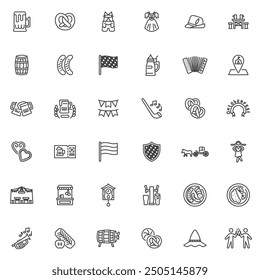 Oktoberfest festival line icons set. linear style symbols collection, outline signs pack. Oktoberfest party vector graphics. Set includes icons as Beer Mug, Pretzel, Bavarian Hat, Bratwurst sausage