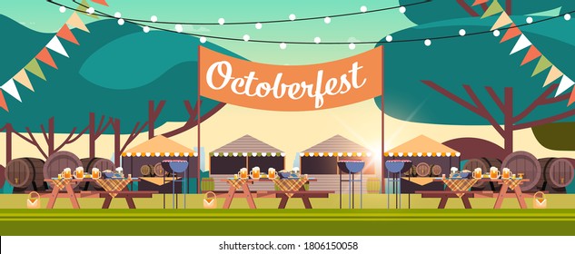 Oktoberfest Festival Party Celebration Concept Empty No People Decorated Park Horizontal Vector Illustration