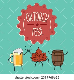 Oktoberfest festival poster with beer mug and barrel cartoons Vector illustration