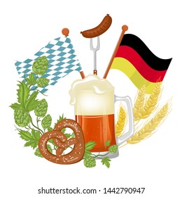Oktoberfest festival poster, Beer splash with pretzel and wheat. Sketch. Oktoberfest design for menu, poster, banner, flyer, brochure, web advertising. Green hop branch. Stock vector.