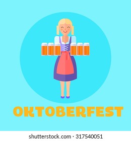 Oktoberfest festival poster or cars design. Happy girl with beer mugs. Modern flat design vector illustration