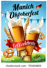 Oktoberfest festival poster, splashing beer with pretzel and wheats isolated on blue sky in 3d illustration, Oktoberfest means Beer festival in German