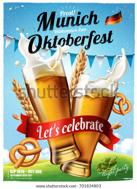 Oktoberfest festival poster, splashing beer with\
pretzel and wheats isolated on blue sky in 3d illustration,\
Oktoberfest means Beer festival in\
German
