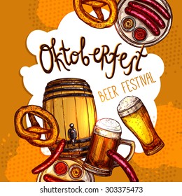 Afiche promocional del festival Oktoberfest con boceto de cerveza barril y lentes ilustración vectorial