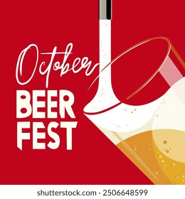 Festival Oktoberfest. Cartel retro del Vector de la cerveza en un fondo rojo. Diseño de publicidad de cerveza. Un vaso de cerveza. La cerveza se vierte de un barril