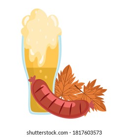 oktoberfest festival, sausage and beer leaf autumn, celebration germany traditional vector illustration