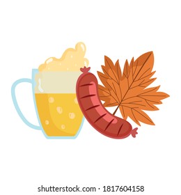 oktoberfest festival, sausage beer and maple leaf, celebration germany traditional vector illustration