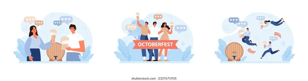 Oktoberfest festival set. Cheerful Bavarian people or tourists. Character holding a full glass of beer with foam. Traditional annual beer carnival in Germany. Flat vector illustration