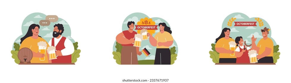 Oktoberfest festival set. Cheerful Bavarian pub worker in a national costume. Character holding a full glass of beer with foam. Traditional annual beer carnival in Germany. Flat vector illustration