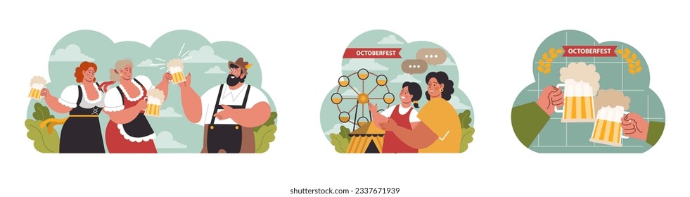 Oktoberfest festival set. Cheerful Bavarian pub worker in a national costume. Character holding a full glass of beer with foam. Traditional annual beer carnival in Germany. Flat vector illustration