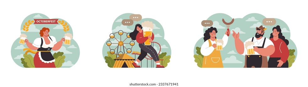 Oktoberfest festival set. Cheerful Bavarian pub worker in a national costume. Character holding a full glass of beer with foam. Traditional annual beer carnival in Germany. Flat vector illustration