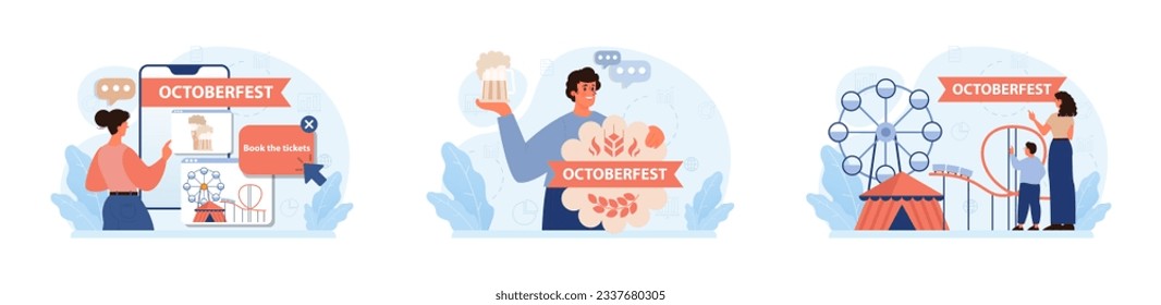 Oktoberfest festival set. Cheerful Bavarian people or tourists. Character holding a full glass of beer with foam. Traditional annual beer carnival in Germany. Flat vector illustration