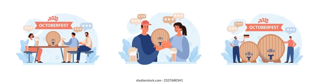 Oktoberfest festival set. Cheerful Bavarian people or tourists. Character holding a full glass of beer with foam. Traditional annual beer carnival in Germany. Flat vector illustration