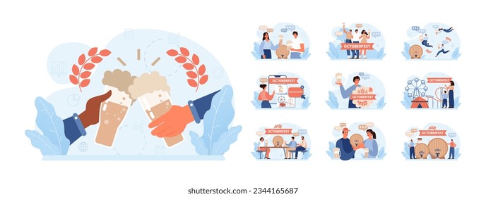 Fiesta del festival Oktoberfest. Alegres habitantes de Baviera o turistas. Personaje sosteniendo un vaso lleno de cerveza con espuma. Carnaval anual tradicional de cerveza en Alemania. Ilustración vectorial plana