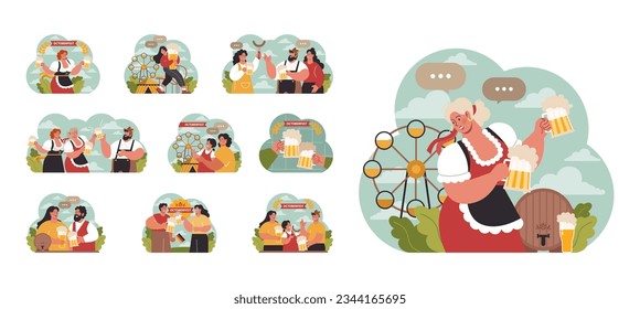 Oktoberfest festival set. Cheerful Bavarian pub worker in a national costume. Character holding a full glass of beer with foam. Traditional annual beer carnival in Germany. Flat vector illustration