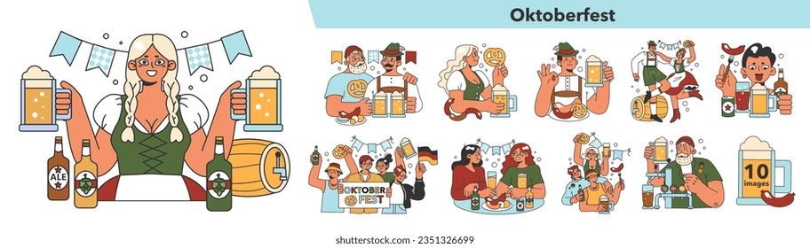 Fiesta del festival Oktoberfest. Alegre trabajador de pub bávaro con un traje nacional. Turistas sosteniendo un vaso lleno de cerveza con espuma, salchicha y pretzel. Carnaval de cerveza en Alemania. Ilustración vectorial plana