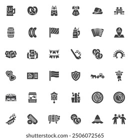 Oktoberfest Festival Vektor Icons Set, moderne Solid Symbol Sammlung, gefüllte Stil Piktogramm Pack. Schilder, Logo-Abbildung. Set enthält Symbole wie Bierbecher, Brezel, Bayerischer Hut, Bratwurst