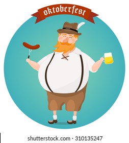 Oktoberfest festival vector illustration. Happy man enjoying beer and munich sausage