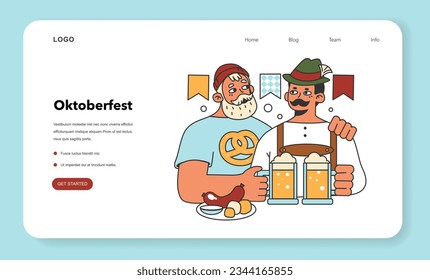 Banner web o página de inicio del festival Oktoberfest. Alegre trabajador de pub bávaro con un traje nacional. Personaje sosteniendo un vaso lleno de cerveza. Carnaval anual de cerveza tradicional. Ilustración vectorial plana