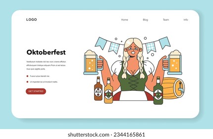 Oktoberfest festival web banner or landing page. Cheerful Bavarian pub worker in a national costume. Character holding a full glass of beer. Traditional annual beer carnival. Flat vector illustration