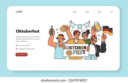 Oktoberfest festival web banner or landing page. Cheerful Bavarian people or tourists. Characters holding a beer, flags and pretzel. Traditional annual beer carnival. Flat vector illustration