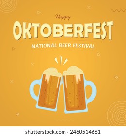 Oktoberfest festival, yellow abstract background with glass of beer, retro pattern, mug of lite alcohol pint, craft beverage, cover banner for drink event, party celebration