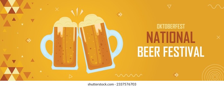 Oktoberfest festival, yellow geometric abstract background with glass of beer, retro pattern, mug of lite alcohol pint, craft beverage, cover banner for drink event, party celebration