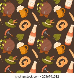 Oktoberfest festive elements seamless pattern background. Endless texture for design german festival. Flat vector illustration isolated on brown background