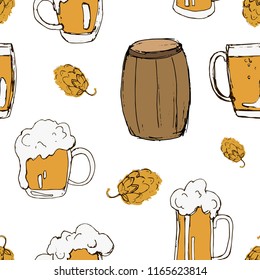 Oktoberfest festive seamless pattern with glass for beer, wooden barrel and hops fruit. Vector illustration