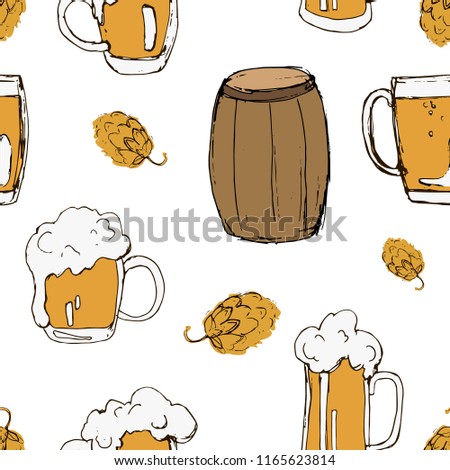 Oktoberfest festive seamless pattern with glass for beer, wooden barrel and hops fruit. Vector illustration