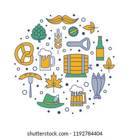 Oktoberfest flat beer line vector icons for traditional German beer festival. Set of such symbols as beer mug, barrel, bottle, pretzel, hop and more