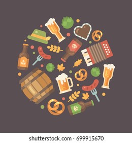 Oktoberfest flat icons arranged in a circle. Beer barrel, accordion, mug, gingerbread heart, glass, pretzel, hop, hat, bottle, wheat, fork with sausage, autumn leaves. Beer fest banner