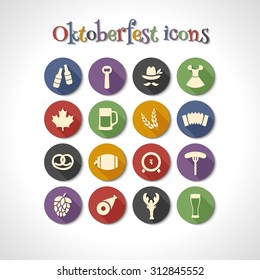 Oktoberfest flat icons with long shadow, vector illustration