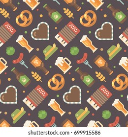 Oktoberfest flat icons pattern. Beer festival pattern on dark background. Gingerbread heart, accordion, sausage on a fork, beer mug, beer bottle, hop, hat, pretzel, wheat