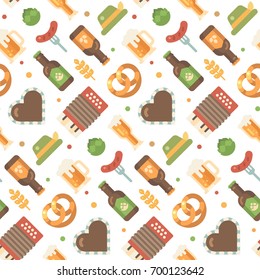 Oktoberfest flat icons pattern. Beer festival pattern on white background. Gingerbread heart, accordion, sausage on a fork, beer mug, beer bottle, hop, hat, pretzel, wheat