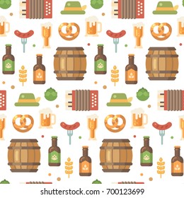 Oktoberfest flat icons pattern. Beer festival pattern on white background. Barrel, accordion, sausage on a fork, beer mug, beer bottle, hop, hat, pretzel, wheat