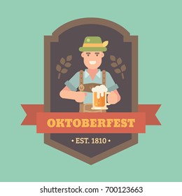 Oktoberfest flat illustration badge with a man in lederhosen and hat holding a beer mug. Craft beer festival banner