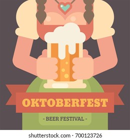 Oktoberfest flat illustration banner. Close up of a girl in dirndl dress holding a beer mug. Beer festival poster