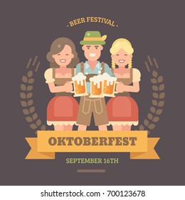 Oktoberfest flat illustration banner. Man in lederhosen and hat with two girls in dirndl dresses holding beer mugs. Cheers! Happy people drinking beer. Craft beer festival poster