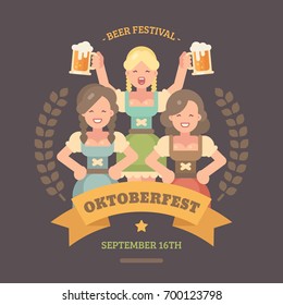 Oktoberfest flat illustration banner. Three beer maids in dirndl dresses. Blonde girl holding two beers. Beer festival poster