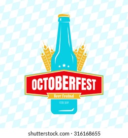 Oktoberfest, flat label design. Blue beer bottle. Vector illustration