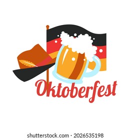 Oktoberfest flat vector icon in cartoon style. A mug of beer, a German flag, a hat with a feather symbolizing Bavaria - symbols of the merry beer festival. Vector flat illustration.