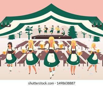 Oktoberfest flat vector illustration. Beer tent. Folk musical performance. Traditional Beer Festival show. Waiters in national costumes serving drinks. Volksfest cartoon characters