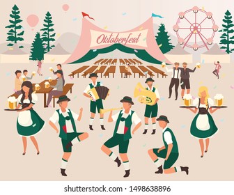 Oktoberfest flat vector illustration. Beer tent. Folk music and dances. Beer Festival, october fest show. Waiters in national costumes. Visitors with cups of alcohol. Volksfest cartoon characters