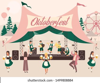 Oktoberfest flat vector illustration. Beer Festival, october fest concert. Folk performance in tent. Music and dances. People in national costumes carry beer. Volksfest cartoon characters