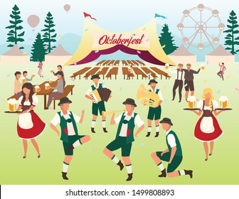 Oktoberfest flat vector illustration. Beer tent. Folk music and dances. Beer Festival. Visitors with cups of alcohol dancing, have fun. Waiters in national costumes. Volksfest cartoon characters