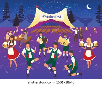 Oktoberfest flat vector illustration. Beer tent. Folk music and dances. Traditional Beer Festival. Waiters in national costumes. Visitors with cups of alcohol. Volksfest waitress cartoon characters