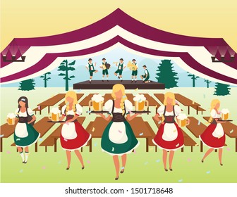 Oktoberfest flat vector illustration. Beer tent. Folk musical performance, october fest show. Waiters in national costumes serving drinks. Beer Festival. Volksfest cartoon characters