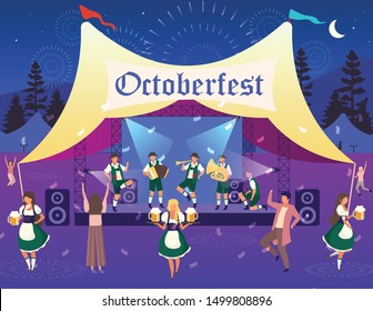 Oktoberfest flat vector illustration. Folk performance, concert in tent. Beer Festival. Music and dances. People in national costumes carry beer have fun. Volksfest waitress cartoon characters